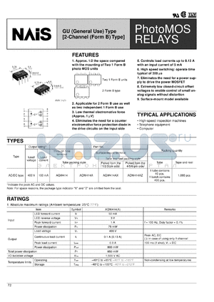 AQW414AZ datasheet - PhotoMOS relay, GU (general use) type, [2-channel (form B) type]. AC/DC type. Output rating: load voltage 400 V, load current 100 mA. Surface-mount terminal, tape and reel packing style, picked from the 4/5/6-pin side.