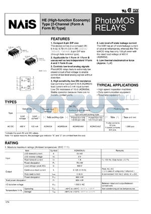 AQW654AX datasheet - PhotoMOS relay, HE (high-function economy) [2-channel (form A form B) type]. AC/DC type. Output rating: load voltage 400 V, load current 120 mA. Picked from the 1/2/3/4-pin side. Surface mount terminal.