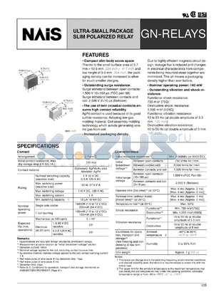 AGN200A1HX datasheet - GN-relay. Ultra-small package slim polarized relay. Coil voltage 1.5 V DC. 2 form C. Single side stable. Surface-mount terminal A type. Tape and reel packing (picked from 1/2/3/4-pin side)..