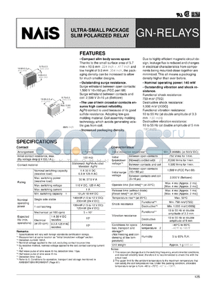 AGN200S1HX datasheet - GN-relay. Ultra-small package slim polarized relay. Coil voltage 1.5 V DC. 2 form C. Single side stable. Surface-mount terminal S type. Tape and reel packing (picked from 1/2/3/4-pin side)..