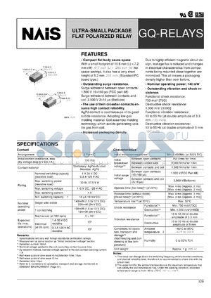 AGQ200S1HX datasheet - GQ-relay. Ultra-small package flat polarized relay. Operating function single side stable. Coil rating 1.5 V DC. Tape and reel packing. Surface-mount terminal S type.