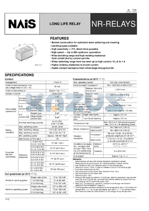 NR-HL2D-5V datasheet - NR-relay. Long life relay. 1 form C. Coil voltage 5 V DC. Sealed type. 2 coil latching.