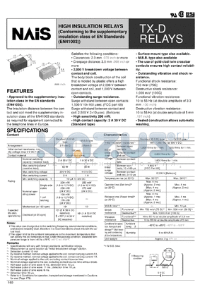 TXD2-1.5V datasheet - TX-D relay. High insulation relay (conforming to the supplementary insulastion class of EN standard (EN41003)). Standard (B.B.M.) type. Single side stable. Standard PC board terminal. Coil rating 1.5 V DC.