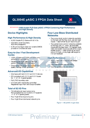 QL3004E-1PL84M datasheet - 4,000 usable PLD gate pASIC 3 FPGA combining high performance and high density.