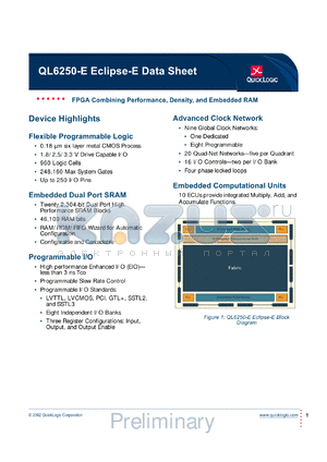 QL6250-E-7PQ208C datasheet - FPGA combining performance, density and embedded RAM.