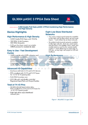 QL3004-3PL68I datasheet - 4,000 usable PLD gate pASIC 3 FPGA combining high performance and high density.