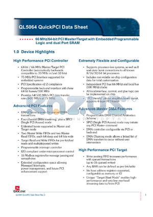 QL5064-66APB456C datasheet - 66MHz/64-bit PCI master/target with embedded programmable logic and dual port SRAM.