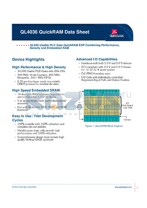 QL4036-4PF144C datasheet - 36,000 usable PLD gate QuickRAM ESP combining performance, density and embedded RAM.