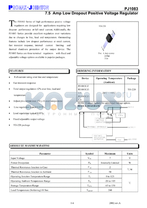 PJ1083CZ-3.3 datasheet - 7V; 7.5Amp low dropout positive voltage regulator