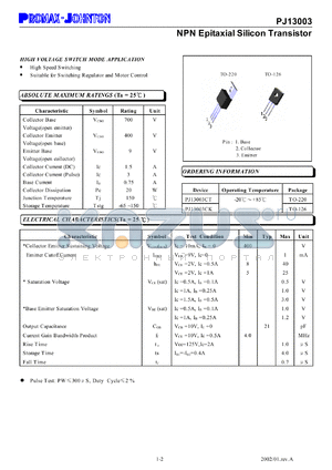 PJ13003CT datasheet - Emitter base voltage:9V; base current:0.75Amp; NPN epitaxial silicon transistor