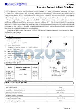 PJ2931CS-3.3V datasheet - +26V; ultra low dropout voltage regulator