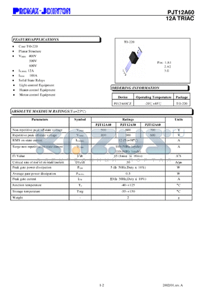 PJT12A60CZ datasheet - 12A TRIAC. For solid state relays, light-control equipment, heater-control equipment, motor-control equipment