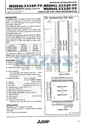 M50940-XXXSP datasheet - Single-chip 8-bit CMOS microcomputer, 4096 bytes ROM, 128 bytes RAM