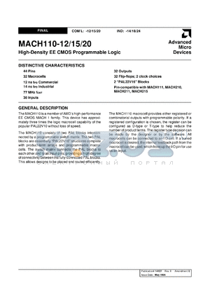 MACH110-14JI datasheet - High-density EE CMOS programmable logic, 32 macrocells, 32 flip-flops, 2 clock choices, 38 Inputs, 32 Outputs, 14ns