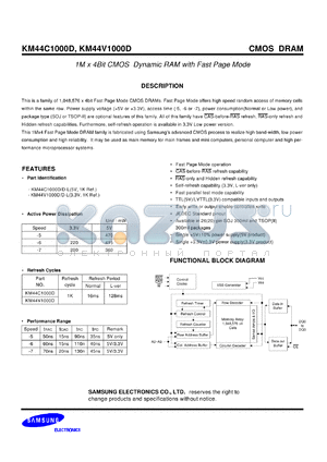 KM44V1000DJ-7 datasheet - 1M x 4bit CMOS dynamic RAM with fast page mode, 3.3V, 70ns