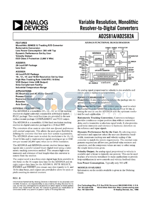 AD2S81AJP datasheet - 14V; 300mW; variable resolution, monolithic resolver-to-digital converter. For DC brushless and AC motor control, process control