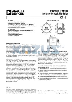 AD532SD/883B datasheet - 10-22V; internally trimmed integrated circuit multiplier for multipication, division, squaring, square rooting