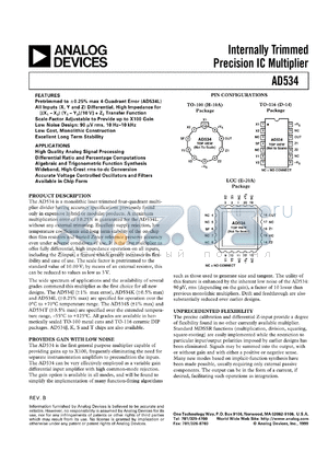 AD534KH/+ datasheet - 18V; 500mW; internally trimmed precision IC multiplier for high quality analog signal processing and diffrential ratio and percentage computations