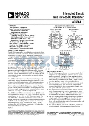 AD536ASD/883B datasheet - 18V; 500mW; integrated circuit true RMS-to-DC converter