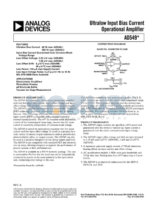 AD549JCHIPS datasheet - 18V; 500mW; ultra low input bias current operational amplifier. For electrometer amplifiers, photodiode preamp, pH electrode buffer, vacuum Ion gage measurement