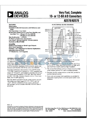 AD579TD/883B datasheet - 0-20V; very fast, complete 10-bit A/D converter