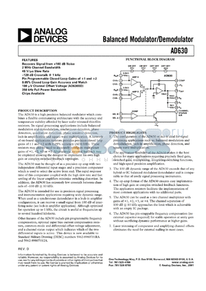 AD630AR datasheet - +-18V; 600mW; balanced modulator/demodulator