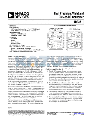 AD637JD/+ datasheet - 500V; 108mW; high precision, wideband true RMS-to-DC converter