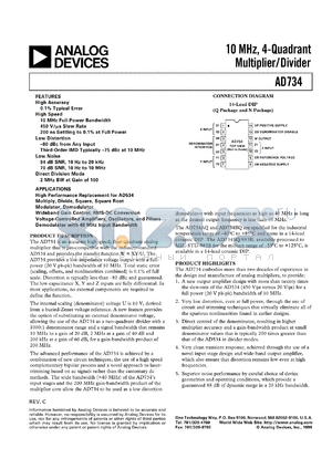 AD734AQ datasheet - +-18V; 500mW; 10MHz, 4-quadrant multiplier/divider. For high performance replecement for AD534