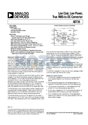 AD736JR-REEL-7 datasheet - +-16.5V; 200mW; low cost, low power, tue RMS-to-DC converter