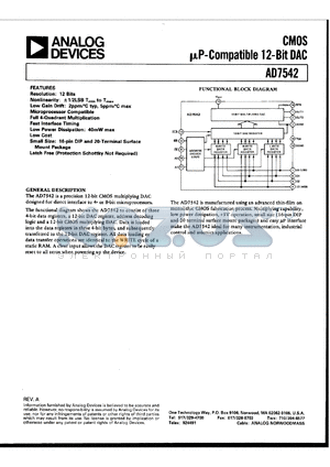 AD7542JP datasheet - 0-+7V; 670mW; CMOS uP-compatible 12-bit DAC