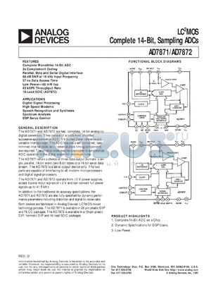 AD7871BR datasheet - 0.3-7V; 1000mW; LC2MOS complete 14-bit, sampling ADC. For digital signal processing, speech recognition and synthesis, stectrum analysis, high speed modems, DSP servo control