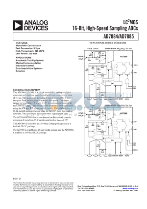 AD7885AQ datasheet - 0.3-7V; 1000mW; LC2MOS 16-bit, high speed sampling ADC. For automatic test equipment, medical instrumentation, industrial control, data acquisition systems, robotics