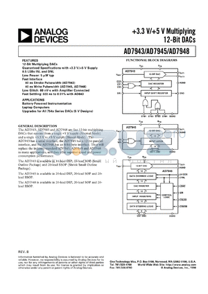 AD7943BR datasheet - 0.3-6V; 450mW; multiplying 12-bit DAC. For battery-powered instrumentation, laptop computers, upgrades for all 754x serial DACs (5V Designs)