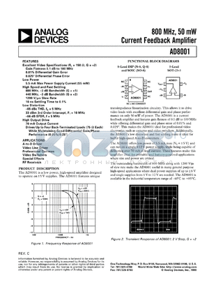 AD8001R-EB datasheet - 12.6V; 800MHz, 50mW current feedback amplifier. For A-to-D driver, video line driver, professional cameras, video switchers , special effects, RF receivers