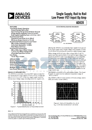AD820BN datasheet - 18V; 1.6mW; single supply, rail to rail low power FET-input Op Amp