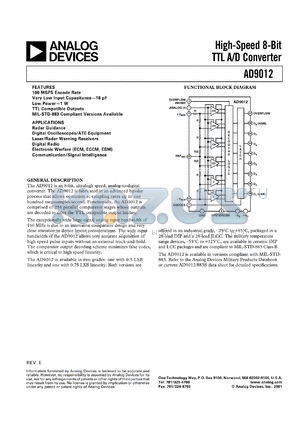 AD9012TD datasheet - 6V; 30mA; 8-bit high-speed TTL A/D converter. For radar systems, digital oscilloscopes/ATE equipment