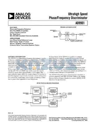 AD9901KQ datasheet - 7V; 30mA; ultra high speed phase/frequency discriminarot. For low phase noise reference loops, fast-tuning AGILE IF loops