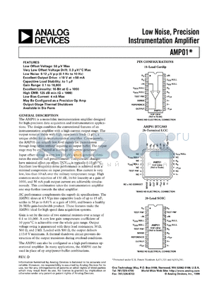 AMP01NBS datasheet - 4.5-18V; 3.0/3.4mA; low noise, precision instrumentation amplifier