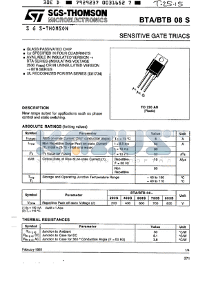 BTA08-200S datasheet - Sensitive gate triac, 8A, 200V