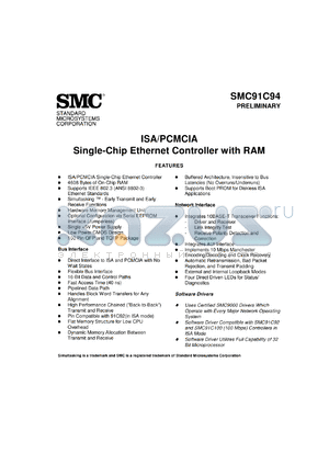 SMC91C94 datasheet - ISA/PCMCIA single-chip ethernet controller with RAM, 4608 bytes of on-chip RAM, single +5V power supply