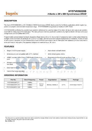 HY57V658020BTC-75I datasheet - 4Mbit x 2 bank x 8 SDRAM, LVTTL, 133MHz