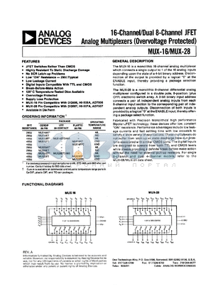 MUX28BT datasheet - 36V; 25mA; 16-channel/dual 8-chan JFET analog multiplexer. For geometry correction in high-resolution CRT displays