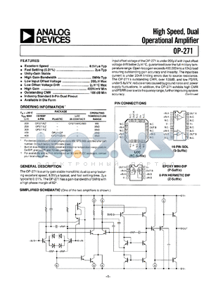 OP271ARC/883 datasheet - 18V; 25mA; high speed, dual operational amplifier