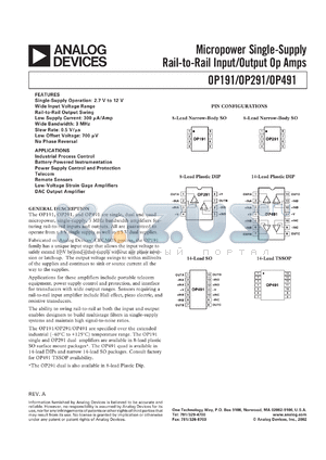 OP491GRU datasheet - 16V; micropower single-supply rail-to-rail input/output Op amplifier. For industrial process control, battery-powered instrumentation, power supply control and protection, telecom