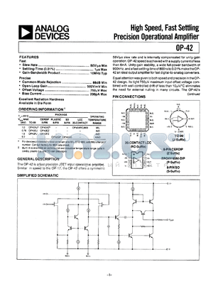 OP42AJ datasheet - 20V; high-speed, fast settling precision operational amplifier