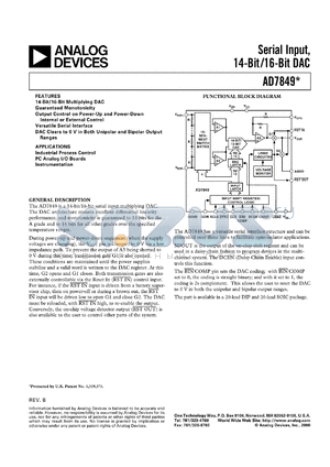 AD7849BR datasheet - 0.4-17V; 10mA; 875mA; serial input, 14/16-bit DAC. For industrial process control, PC analog I/O boards, instrumentation