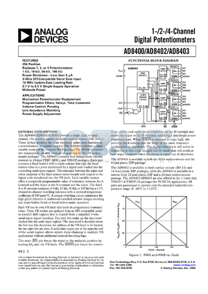 AD8402ARU10-REEL datasheet - 0.3-8V; 1/2/4-channel digital potentiometers. For mechanical potentiometer replacement, programmable filters, delays, time constants, volume control, panning, line impendance matching, power supply adjustment