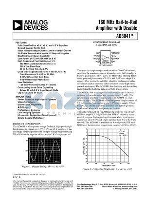 AD8041AR-REEL datasheet - 12.6V; 160MHz rail-to-rail amplifier with disable. For power sensitive high speed systems, video switches, distribution amplifiers, A/D driver