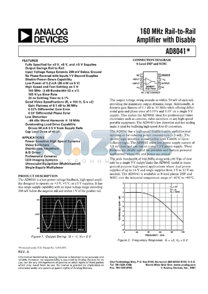 AD8041-EB datasheet - 12.6V; 160MHz rail-to-rail amplifier with disable. For power sensitive high speed systems, video switches, distribution amplifiers, A/D driver