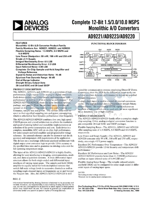 AD9223SSOPEB datasheet - Complete 12-bit 1.5/3.0/10.0 MSPS monolithic converter